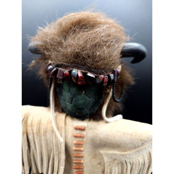 Vintage Kachina Doll Signed Paki Buffalo Head Leather Clothing - Picture 5 of 10